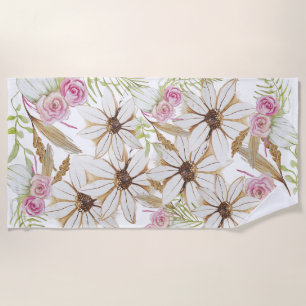 Serviette De Plage Boho Rose Vert Blanc Brown Floral Élégant tendance