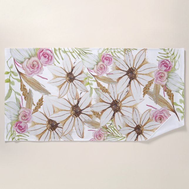 Serviette De Plage Boho Rose Vert Blanc Brown Floral Élégant tendance (Devant)