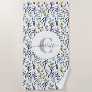 Serviette De Plage Boho Watercolor Fleurs sauvages Motif Nom du monog