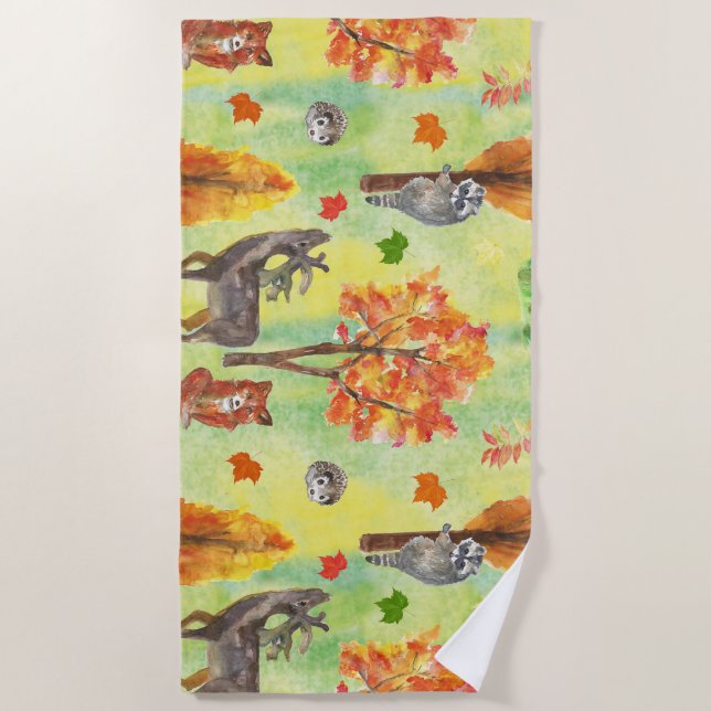 Serviette De Plage Bois Animaux d'aquarelle (Devant)