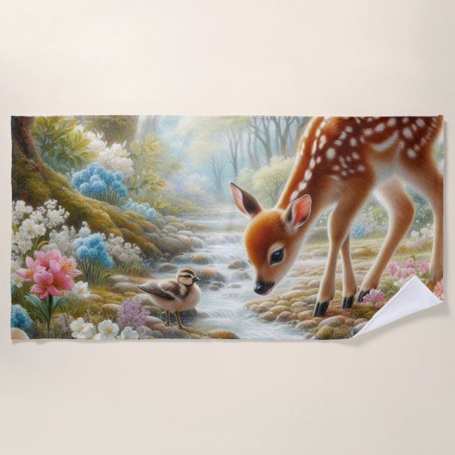 Serviette De Plage Bois de printemps avec canard et faon/cerf (Devant)