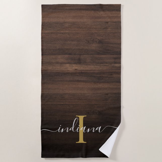 Serviette De Plage Bois foncé rustique monogramme écriture nom initia (Devant)