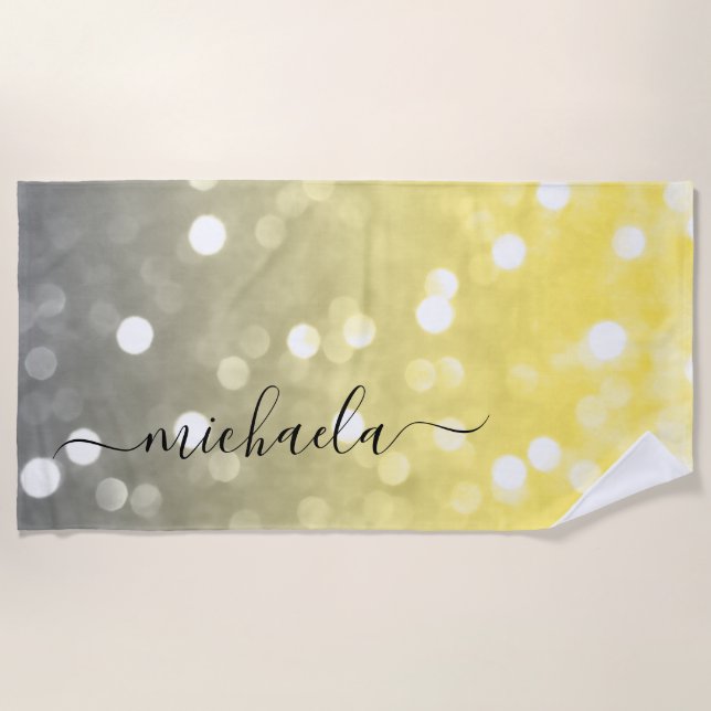 Serviette De Plage Bokeh jaune gris brillant Nom personnalisé (Devant)
