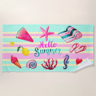Serviette De Plage "Bonjour mer d'été" et aquarelle d'été barrée