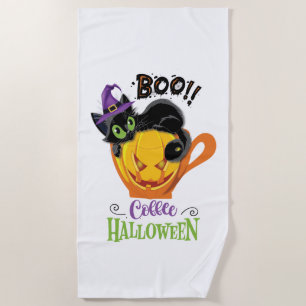 Serviette De Plage Boo Black Cat, Scary Pumkin Coffee Halloween