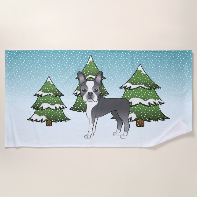Serviette De Plage Boston Terrier bleu dans une forêt hivernale (Devant)