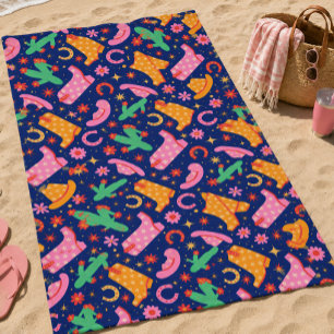 Serviette De Plage Bottes de cowgirl occidentales bleues à motif flor
