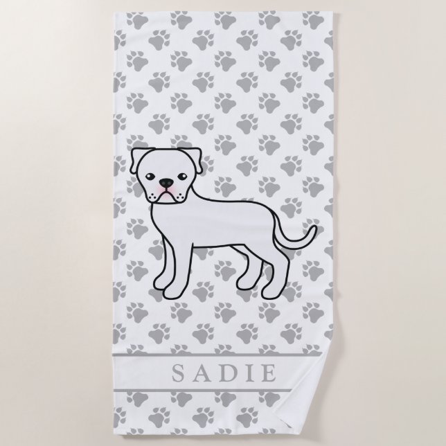 Serviette De Plage Bouledogue Américain Blanc Chien Mignon & Nom (Devant)