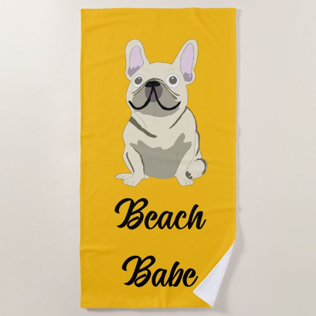 Serviette De Plage Bouledogue français crème, fille de la plage (Devant)