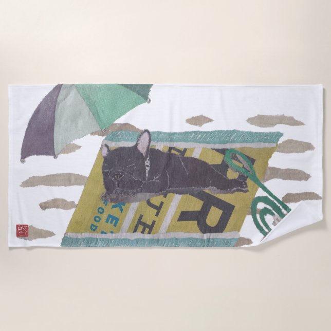 Serviette De Plage Bouledogue français noir, Frenchie, moderne (Devant)