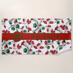 Serviette De Plage Boules de football vert rouge motif nom personnali