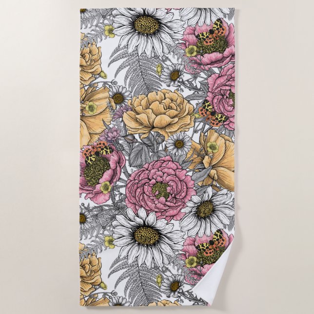 Serviette De Plage Bouquet de fleurs - roses, pivoines, marguerites e (Devant)