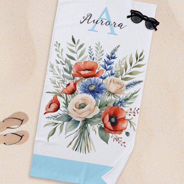 Serviette De Plage Bouquet de fleurs sauvages rustique Monogrammé Jol (A pretty beach towel with elegant monogram and rustic floral bouquet in a watercolor style)