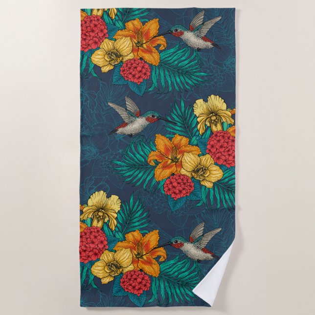 Serviette De Plage Bouquet et colibris tropicaux (Devant)