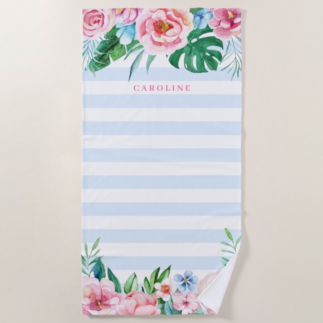 Serviette De Plage Bouquet tropical Bleu rayures Aquarelle (Devant)