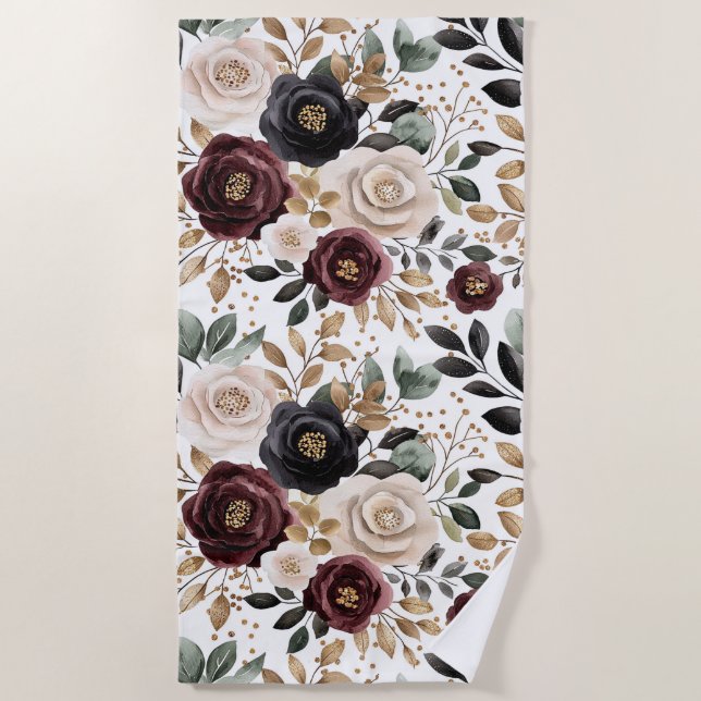 Serviette De Plage Bourgogne Crème Floral Noir (Devant)