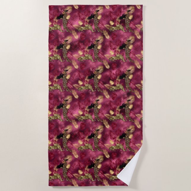 Serviette De Plage Bourgogne et Or Série Design Léopard 10 (Devant)