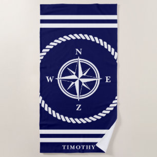 Serviette De Plage Boussole nautique étoile rose marine bleu et blanc