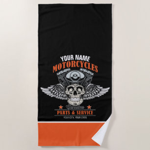 Serviette De Plage Boutique de moto à crâne volante personnalisée 