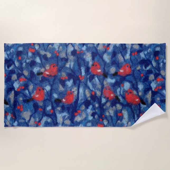 Serviette De Plage Bouvreuils, oiseaux rouges arbres forestiers bleus (Devant)