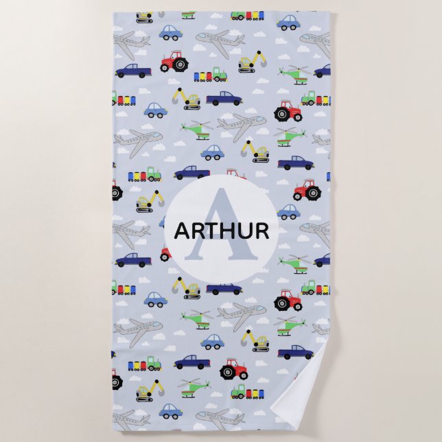 Serviette De Plage Boys Cute Blue Transport Motif Nom de voiture Enfa (Devant)