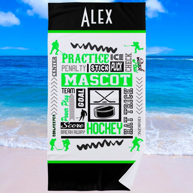 Serviette De Plage Boys Hockey Terminologie Personnalisée Neon Green (Créateur téléchargé)