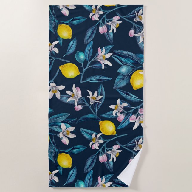 Serviette De Plage Branches de citron avec fleurs et fruits sur le bl (Devant)