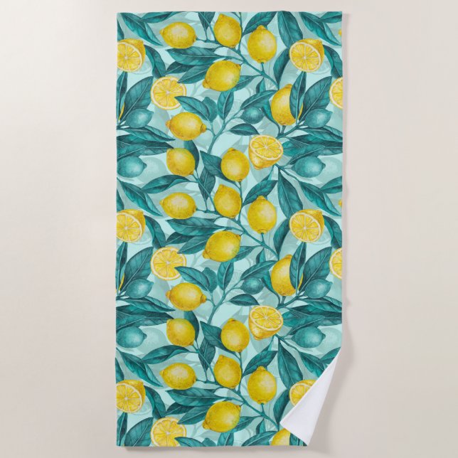 Serviette De Plage Branches de citron bleu et jaune (Devant)