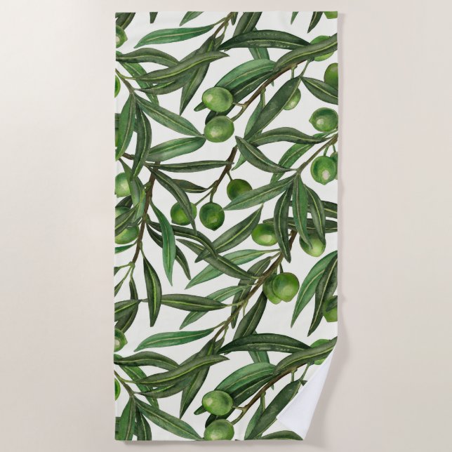 Serviette De Plage Branches d'olive sur blanc (Devant)