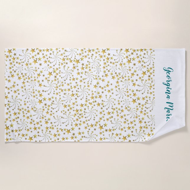 Serviette De Plage Bright Elegant Gold Stars tendance Nom personnalis (Devant)