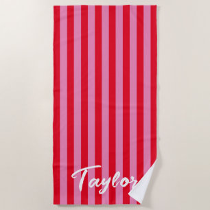 Serviette De Plage Bright Red and Pink Cabana Stripe Bold Name