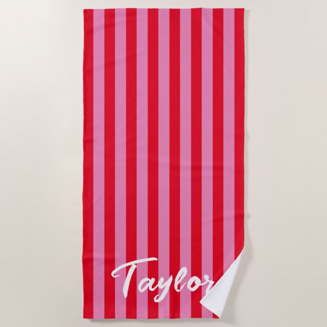 Serviette De Plage Bright Red and Pink Cabana Stripe Bold Name (Devant)