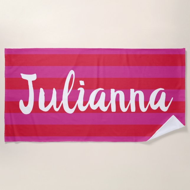 Serviette De Plage Bright rose rouge vif Grandes bandes personnalisée (Devant)