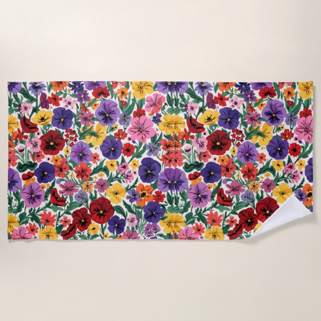Serviette De Plage Bright Spring Pansies Floral Garden Pattern (Devant)
