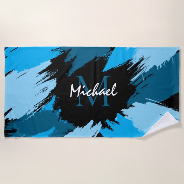 Serviette De Plage Brosse nuances de nom bleu avec monogramme (Devant)