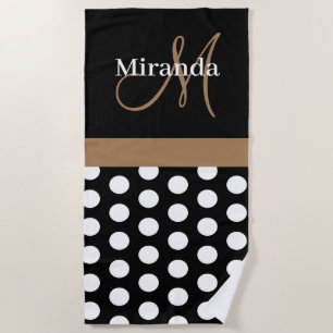 Serviette De Plage Brown Monogramme Noir Blanc Polka Dot Beach Servie