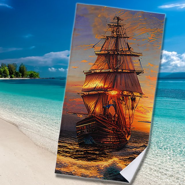 Serviette De Plage Brown Pirate Sailing Ship Blue Orange Sky (Créateur téléchargé)