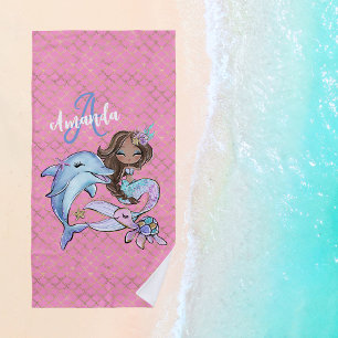 Serviette De Plage Brown Sirène Nom personnalisé Fille rose