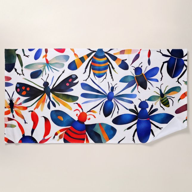 Serviette De Plage Bugs colorés Aquarelle Whimsical Insects Art (Devant)