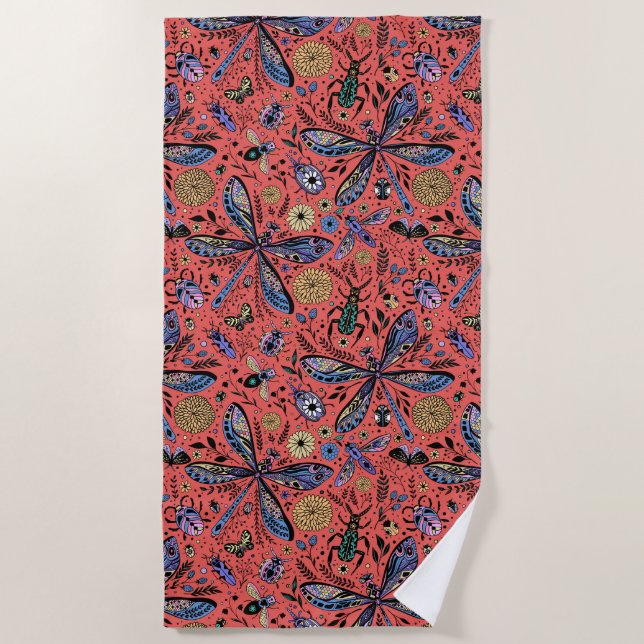 Serviette De Plage Bugs de Doodle sur corail rouge (Devant)