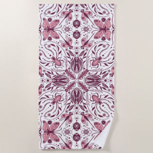 Serviette De Plage Buissons, magenta foncé et rose sur blanc