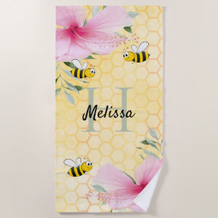Serviette De Plage Bumble abeilles jaune nid d'abeille rose floral
