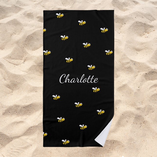 Serviette De Plage Bumble abeilles noir monogramme nom script (Créateur téléchargé)