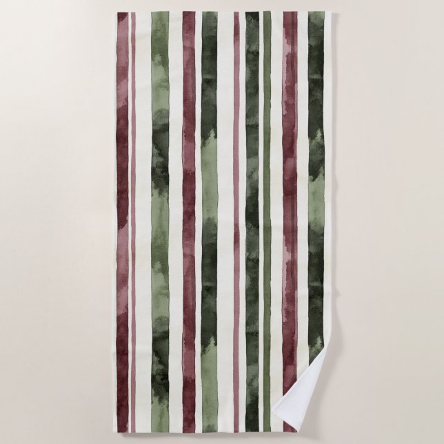 Serviette De Plage Burgundy Red Green Cream Stripes   (Devant)