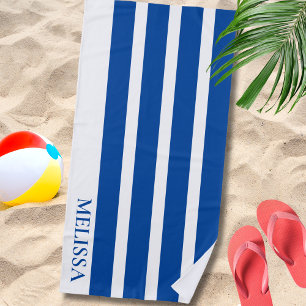 Serviette De Plage Cabane rayée bleue et blanche avec nom personnalis