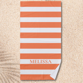 Serviette De Plage Cabane rayée nom rayé corail et blanc