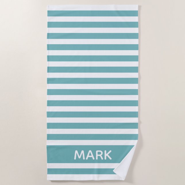Serviette De Plage Cabane rayée sarcelle et blanc Personnalisé (Devant)