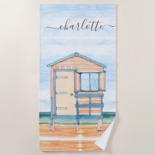 Serviette De Plage Cabine de plage aquarelle personnalisée