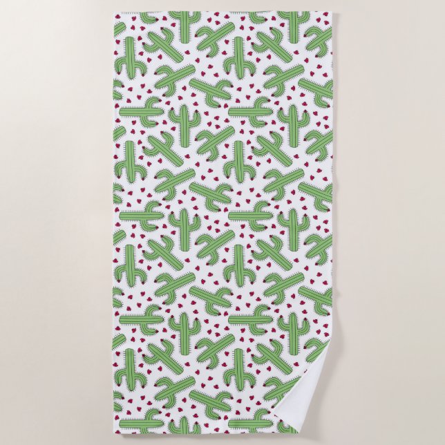 Serviette De Plage Cactus illustré et motif de fleurs rose (Devant)