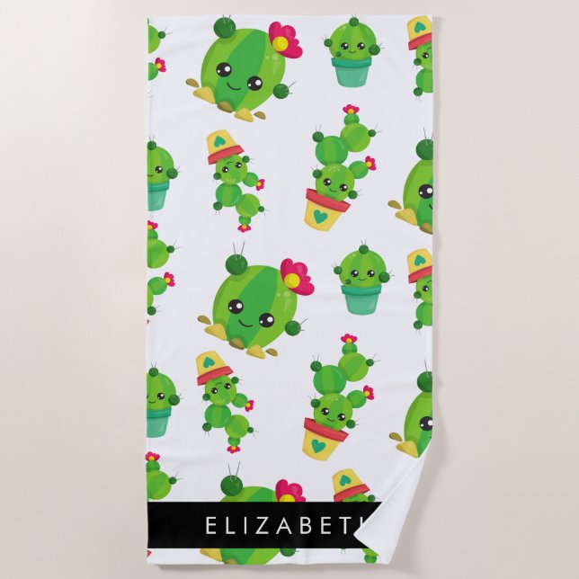 Serviette De Plage Cactus mignons, Cactus Motif, Succulent, Votre Nom (Devant)